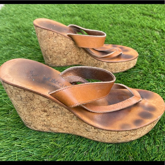 K Jacques Leather Tan Leather Cork Wedge Sandals - Picture 1 of 7